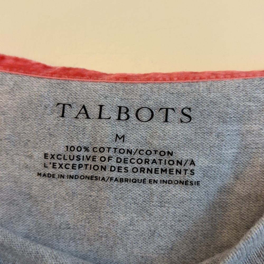 Talbots Women’s Gray Classic Boatneck Striped Long Sleeve Top with Coral Trim, M - Picture 2 of 4